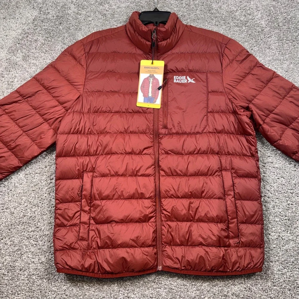 Eddie Bauer Packable Down Jacket Mens 650 Fill StormRepel Red Medium NEW